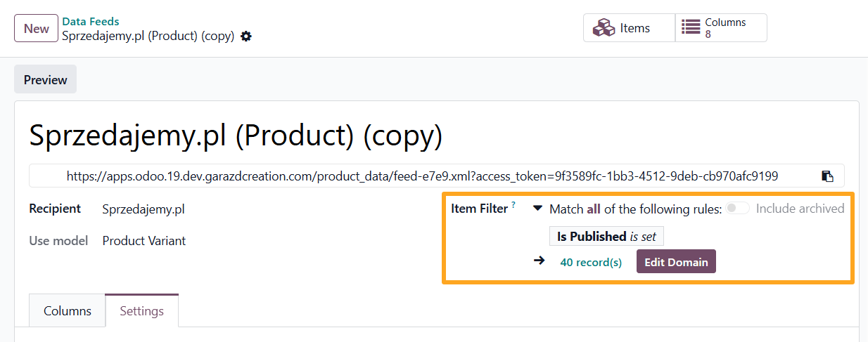 odoo sprzedajemy product data feed item filter